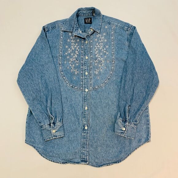 GAP Denim Vintage Western Cowboy Embroidered Denim Button Up Shirt - Size XS - Picture 1 of 7